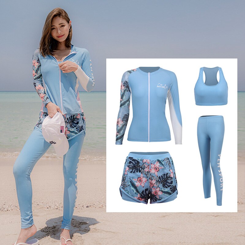 4-piece set, Womens Sun UV Protection Rash Guard Printed Long-Sleeve Swim Shirts Pants Full Body Wetsuit & Tops Bottoms Swimsuit