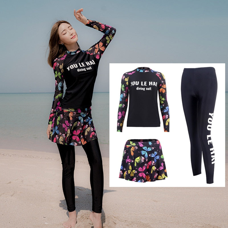 4-piece set, Womens Sun UV Protection Rash Guard Printed Long-Sleeve Swim Shirts Pants Full Body Wetsuit & Tops Bottoms Swimsuit