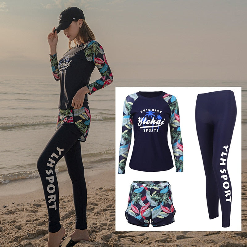 4-piece set, Womens Sun UV Protection Rash Guard Printed Long-Sleeve Swim Shirts Pants Full Body Wetsuit & Tops Bottoms Swimsuit