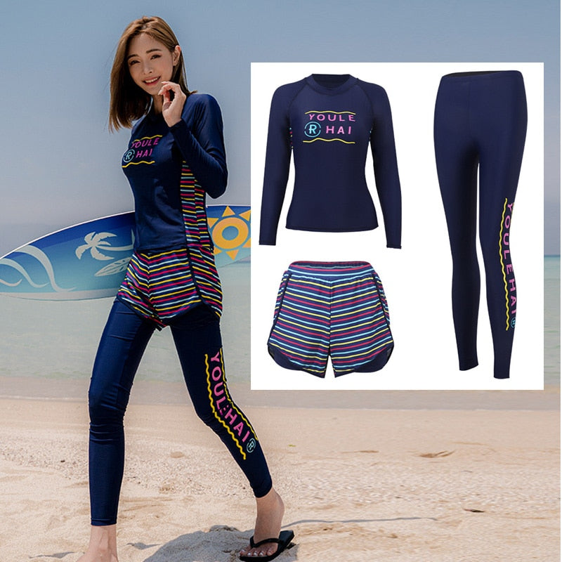 4-piece set, Womens Sun UV Protection Rash Guard Printed Long-Sleeve Swim Shirts Pants Full Body Wetsuit & Tops Bottoms Swimsuit