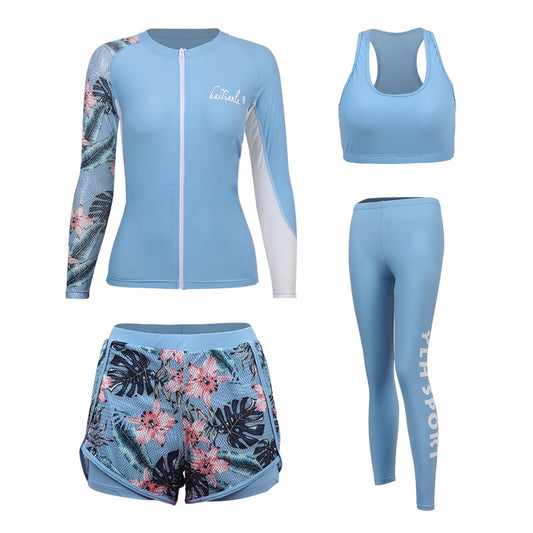 4-piece set, Womens Sun UV Protection Rash Guard Printed Long-Sleeve Swim Shirts Pants Full Body Wetsuit & Tops Bottoms Swimsuit