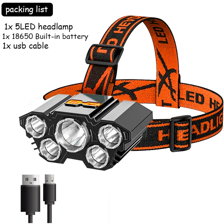 5 Led Super Bright Head-Mounted Flashlight USB Built-in Rechargeable Battery Good for Nighttime Hiking and Cave Exploring