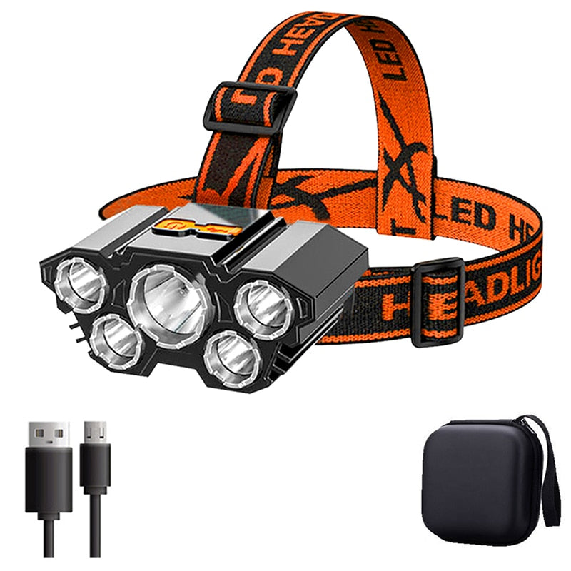 5 Led Super Bright Head-Mounted Flashlight USB Built-in Rechargeable Battery Good for Nighttime Hiking and Cave Exploring