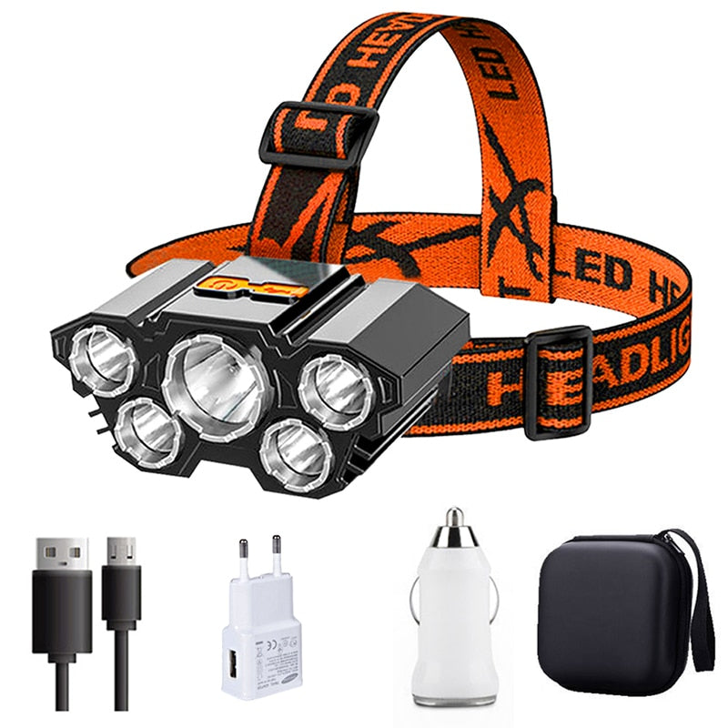 5 Led Super Bright Head-Mounted Flashlight USB Built-in Rechargeable Battery Good for Nighttime Hiking and Cave Exploring