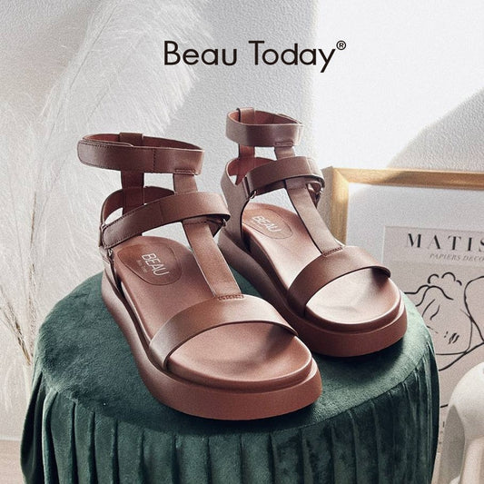 BeauToday Handmade Summer Gladiator Sandals, Calfskin Leather Open-toe T-bar Strap