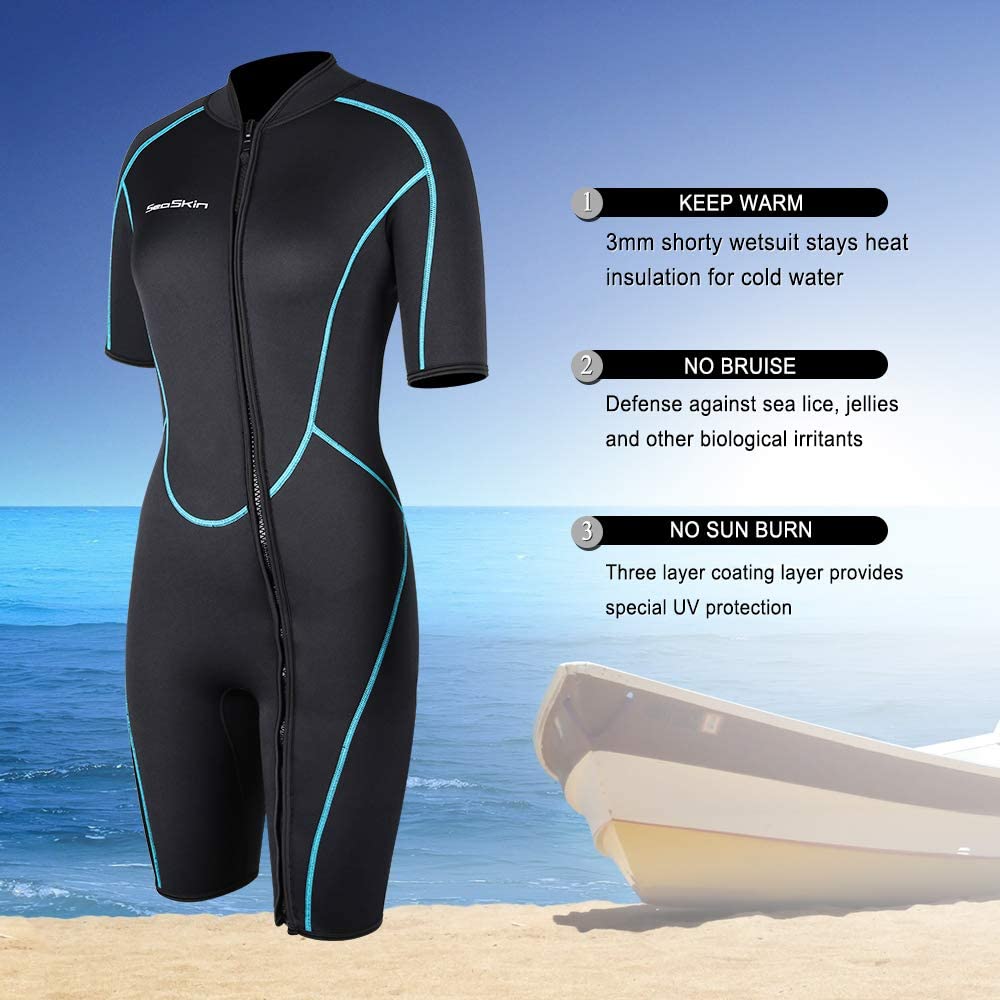 Womens 3mm Neoprene Shorty Wetsuit Short-sleeve, Front-zip Diving Suit, Snorkeling, Surfing, One-piece Swimsuit